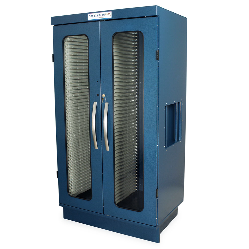 Double column medical storage cabinet with glass doors and blue base