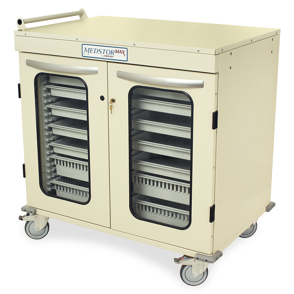 Half?height double column medical cabinet on wheels in beige, closed glass doors  