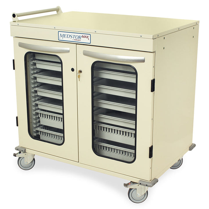 Half?height double column medical cabinet on wheels in beige, closed glass doors  