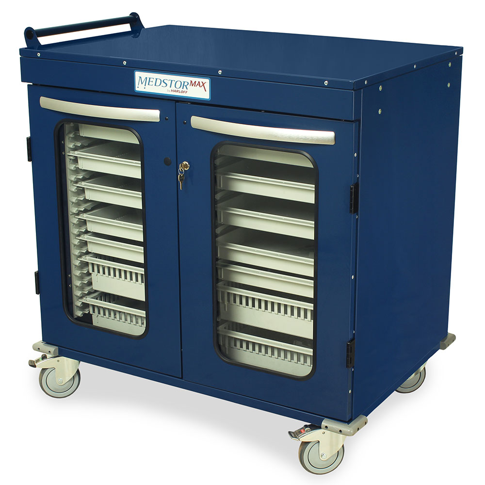 Half?height double column medical cabinet on wheels in blue, closed glass doors  