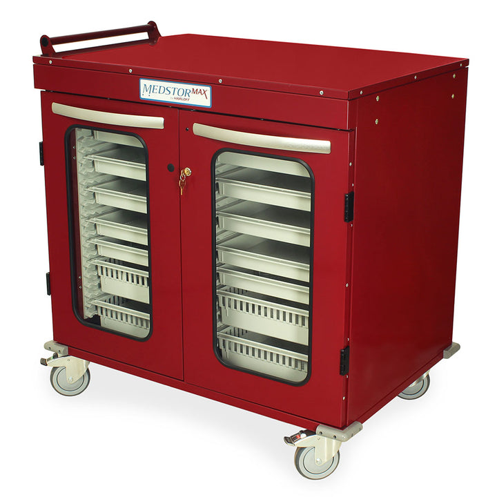 Half?height double column medical cabinet on wheels in burgundy, closed glass doors  