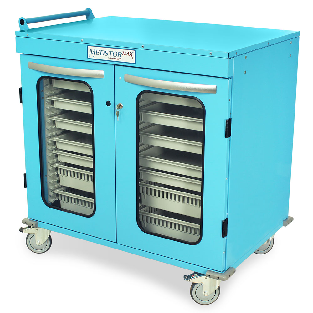 Half?height double column medical cabinet on wheels in light blue, closed glass doors  
