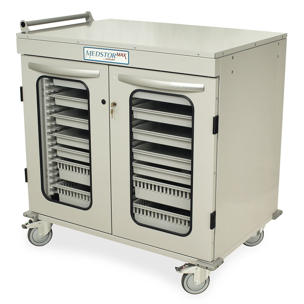 Half?height double column medical cabinet on casters in light gray, closed glass doors  
