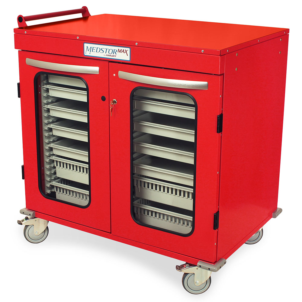 Half?height double column medical cabinet on wheels in red, closed glass doors  