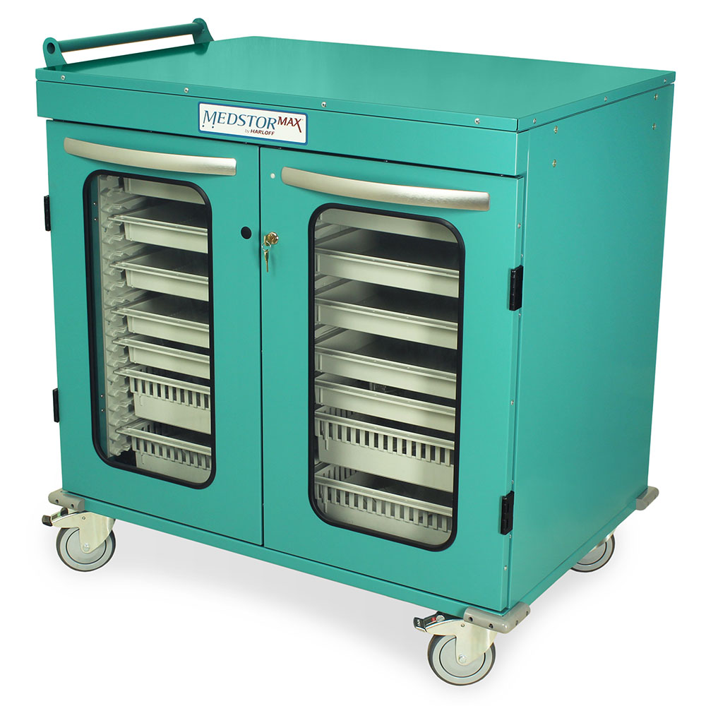 Half?height double column medical cabinet on wheels in teal, closed glass doors  