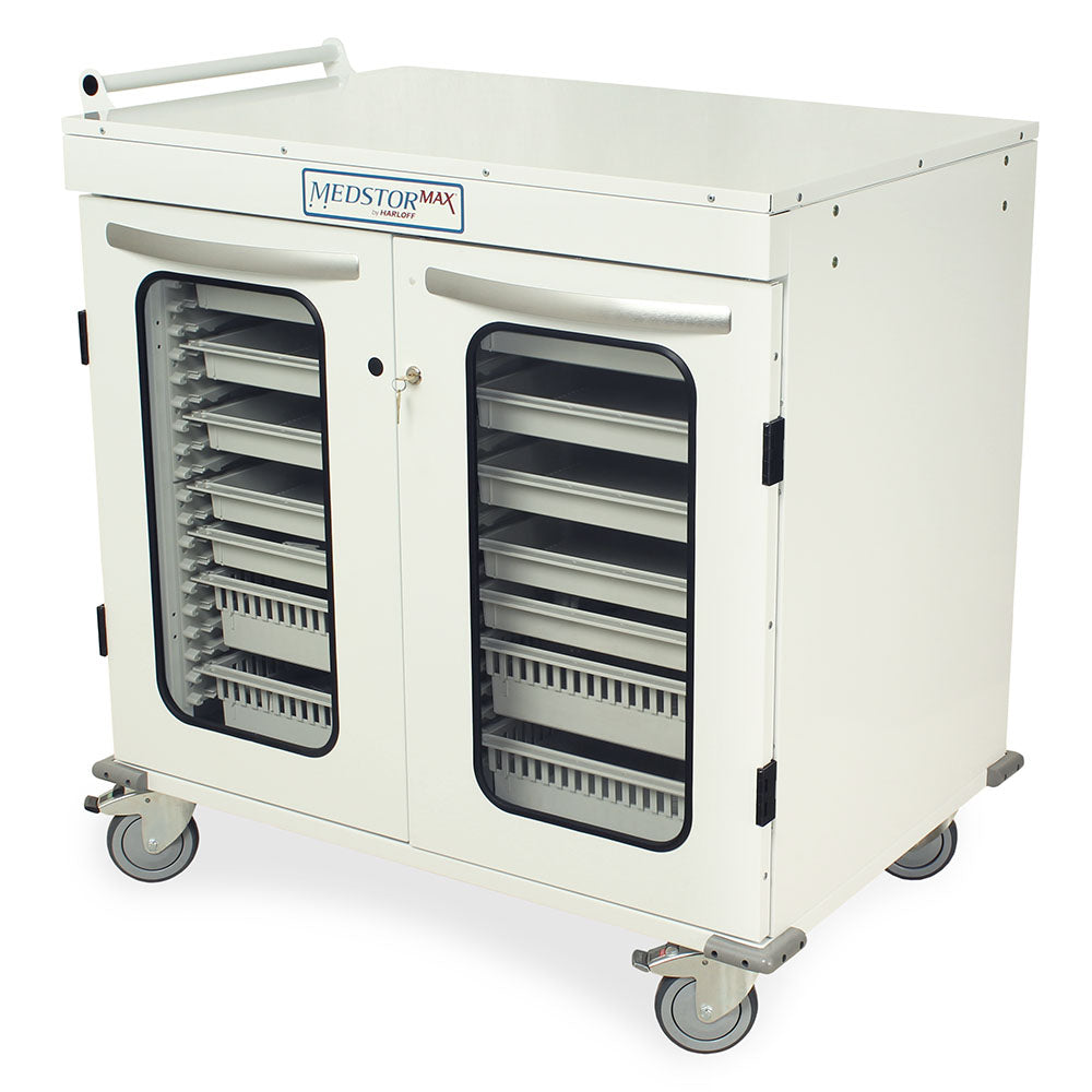 Half?height double column medical cabinet on wheels in white, closed glass doors  