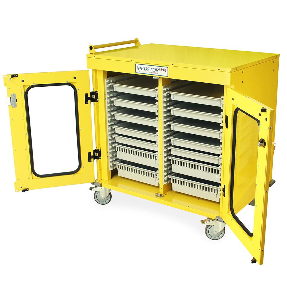 Half?height double column medical cabinet on wheels in yellow, closed glass doors  