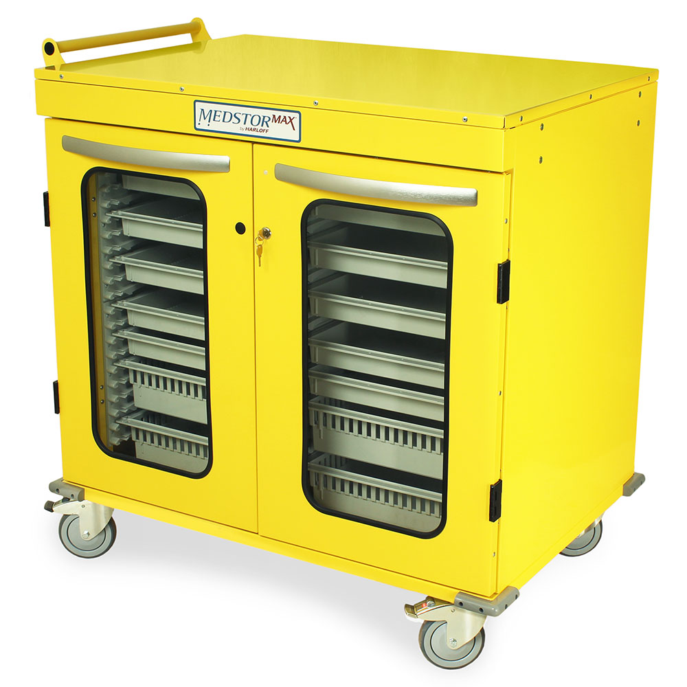 Half?height double column medical cabinet on wheels in yellow, glass doors open view  