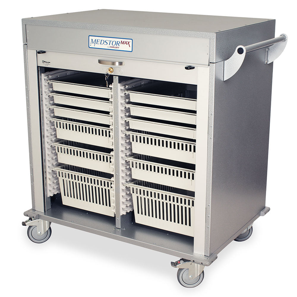 Open half-height double column medical cabinet showing storage compartments
