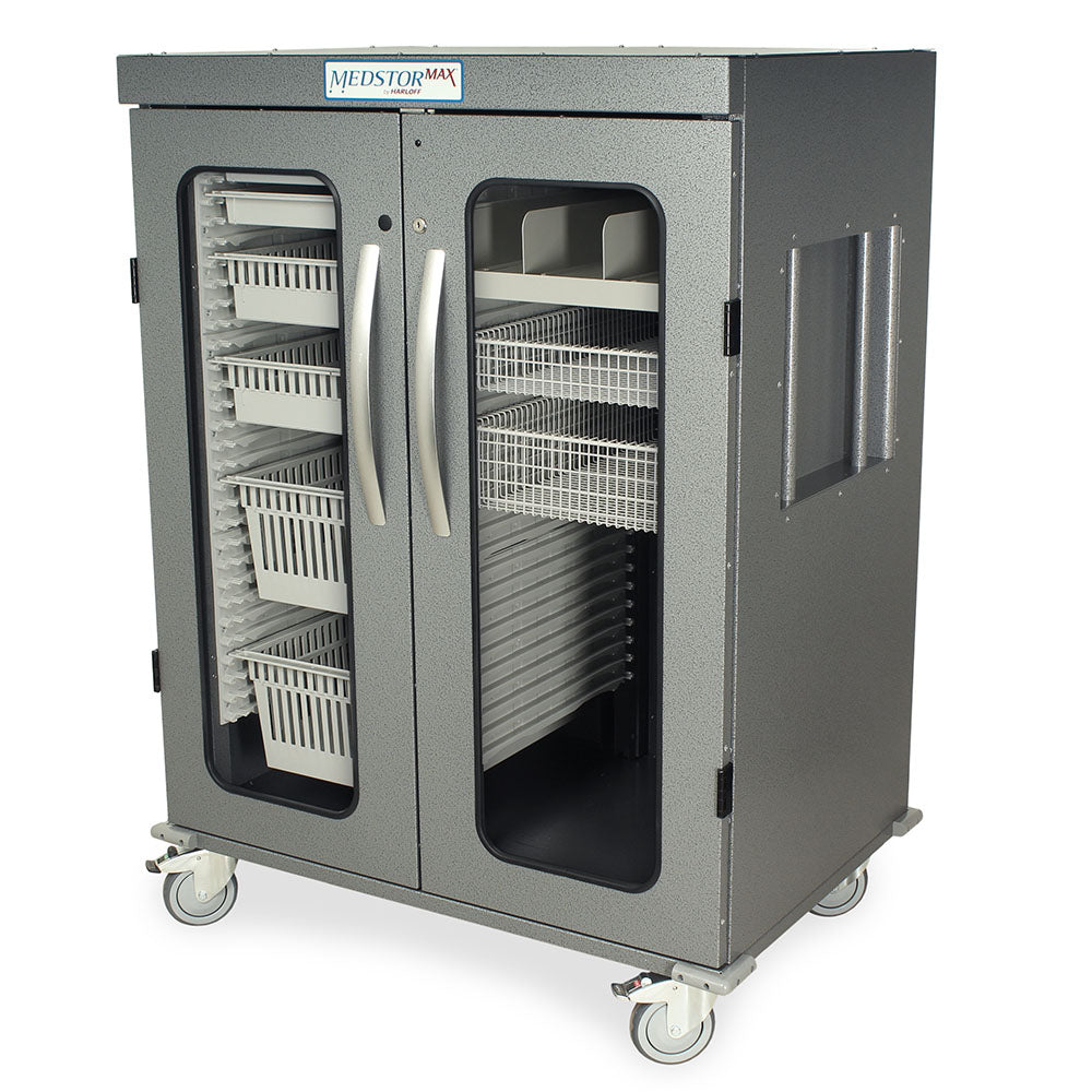 3/4 height double column medical storage cabinet in light gray finish, closed glass doors  