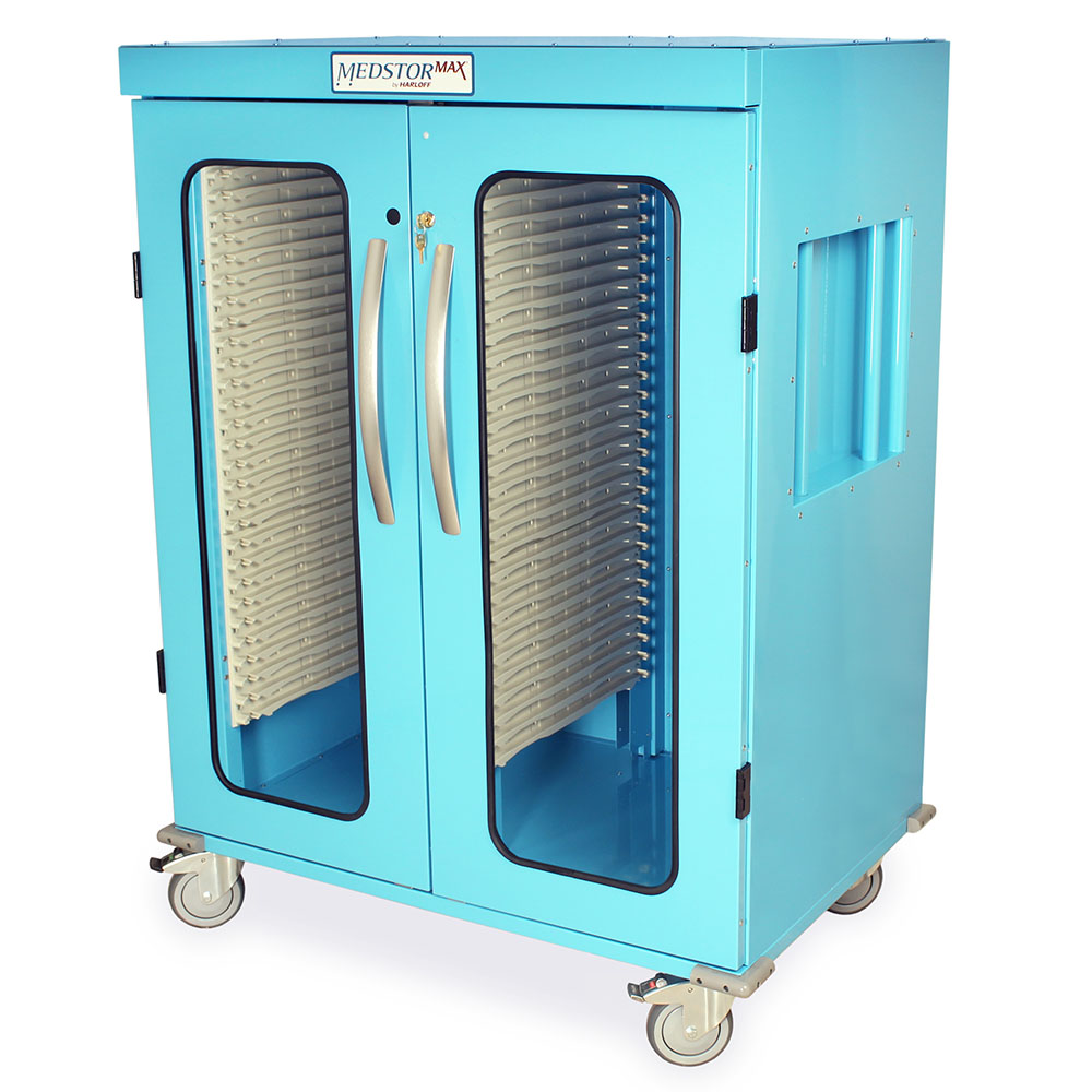 3/4 height double column medical storage cabinet in light blue finish, front view  