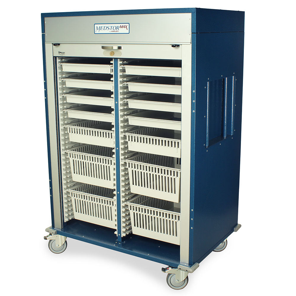 Double column cabinet open with trays shown inside tambour door