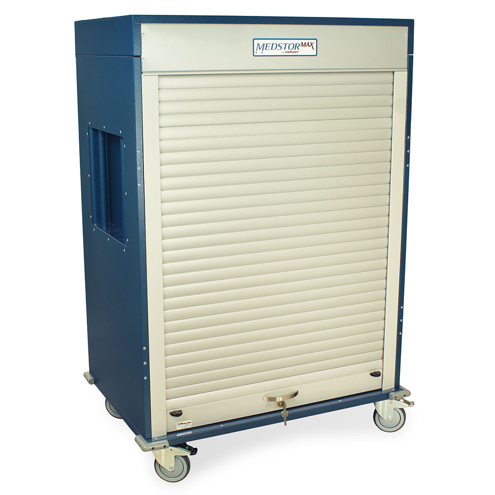 Closed side view of three quarter height medical storage cabinet with lock