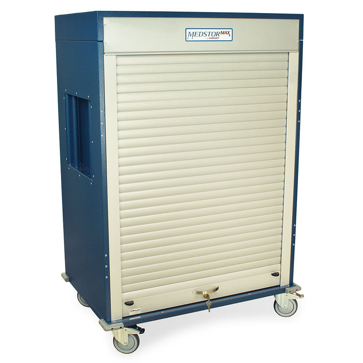 Closed side view of three quarter height medical storage cabinet with lock