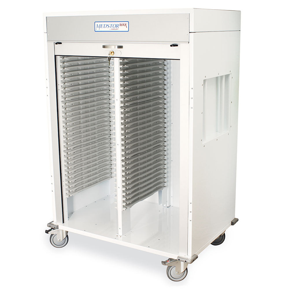 Three quarter height double column cabinet with tambour door closed