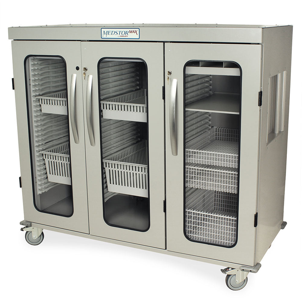 Three-quarter height triple column medical storage cabinet in light gray finish (closed glass doors)