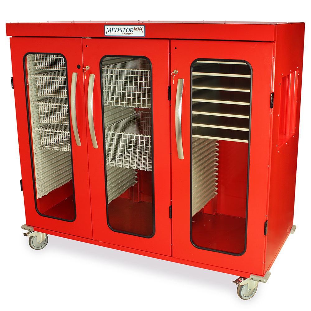 Three-quarter height triple column medical storage cabinet in red finish (glass doors closed)