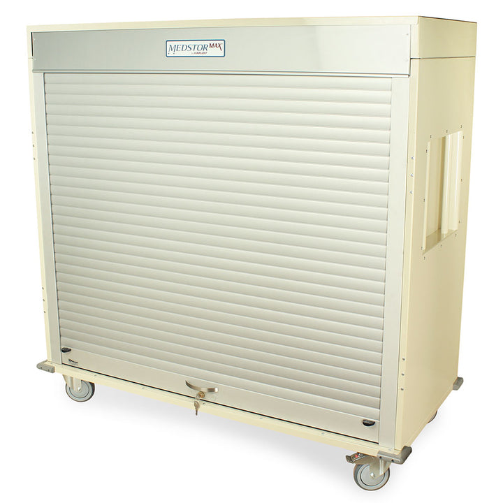 Three-quarter height triple column medical cabinet with tambour door closed, beige finish  