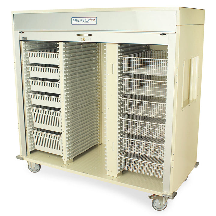 Three-quarter height triple column medical cabinet with tambour door open, beige finish  
