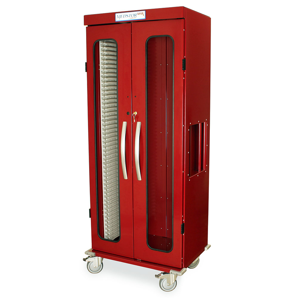 medical storage cart with glass doors, shown in burgundy finish
