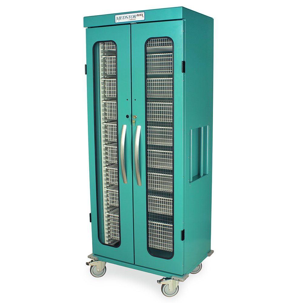 closed slimline medical storage cart with teal finish, glass door view