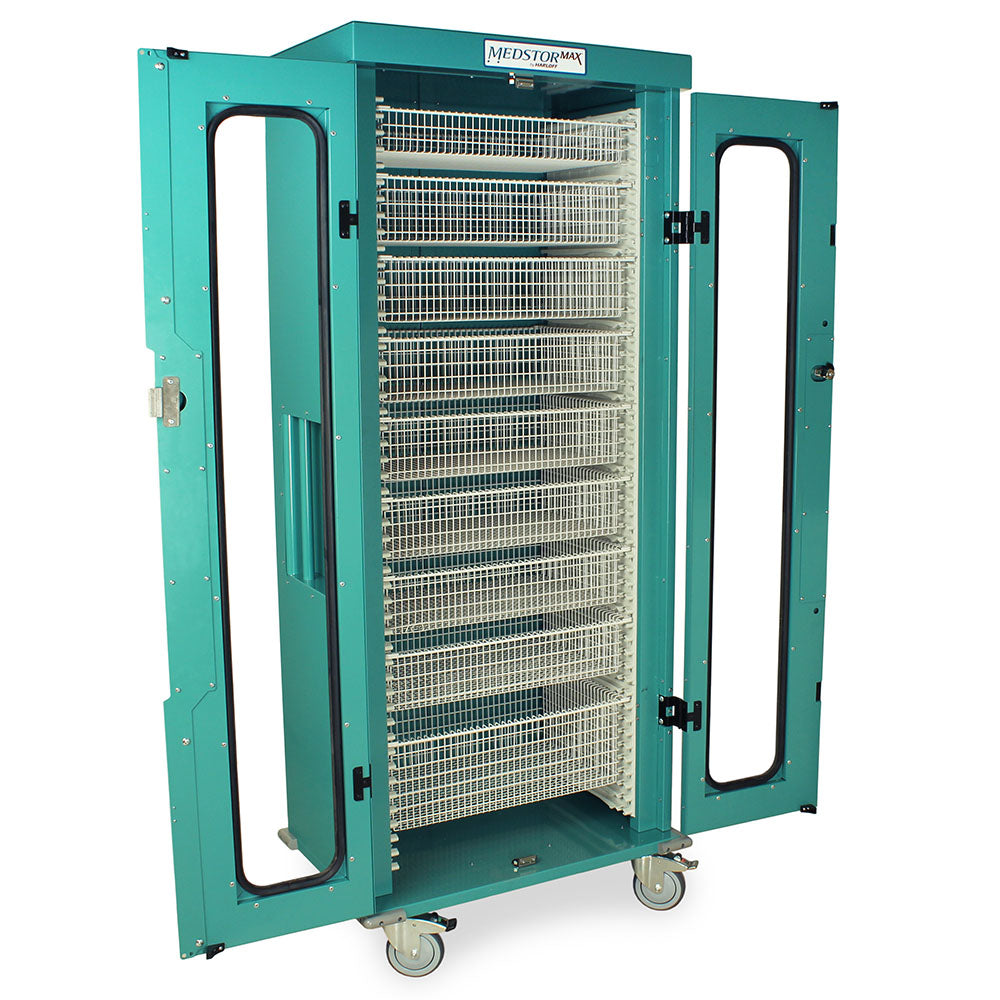 open slimline side-loading medical storage cart, teal color, glass doors