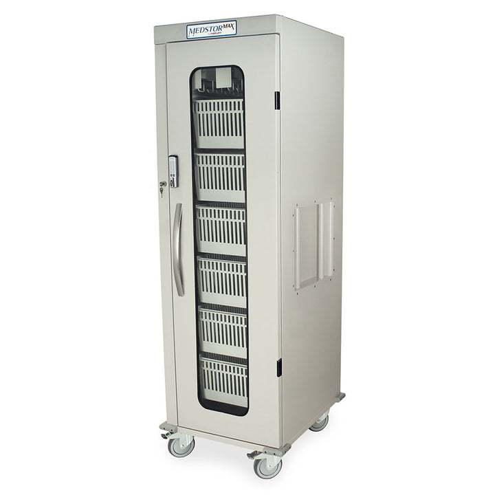 Light gray single column medical storage cabinet with glass door and E-lock