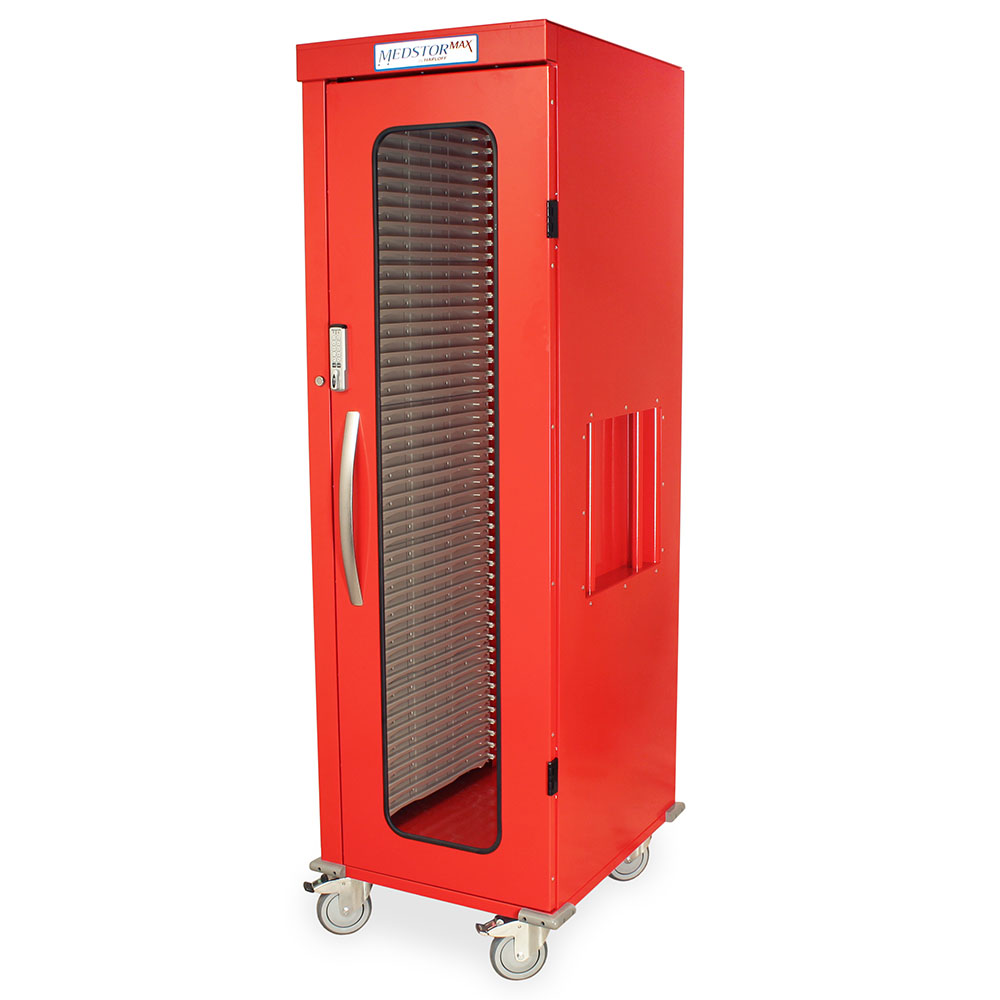 Red single column medical storage cabinet with glass door and E-lock