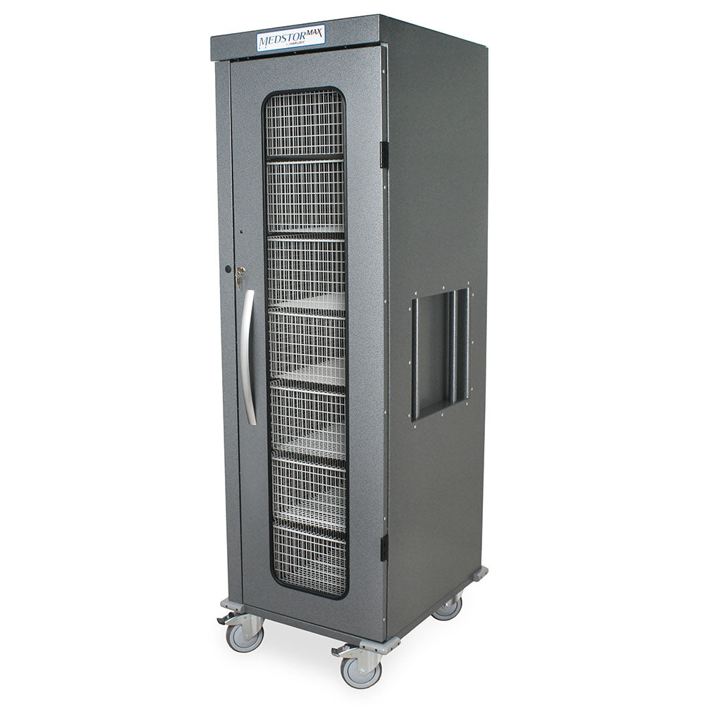 Gray single column medical storage cart angled view with glass door