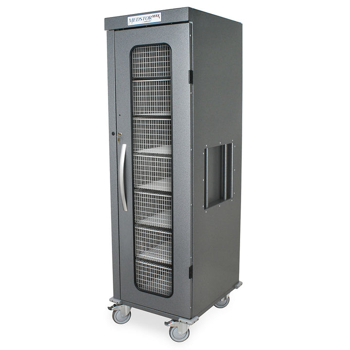 Gray single column medical storage cart angled view with glass door