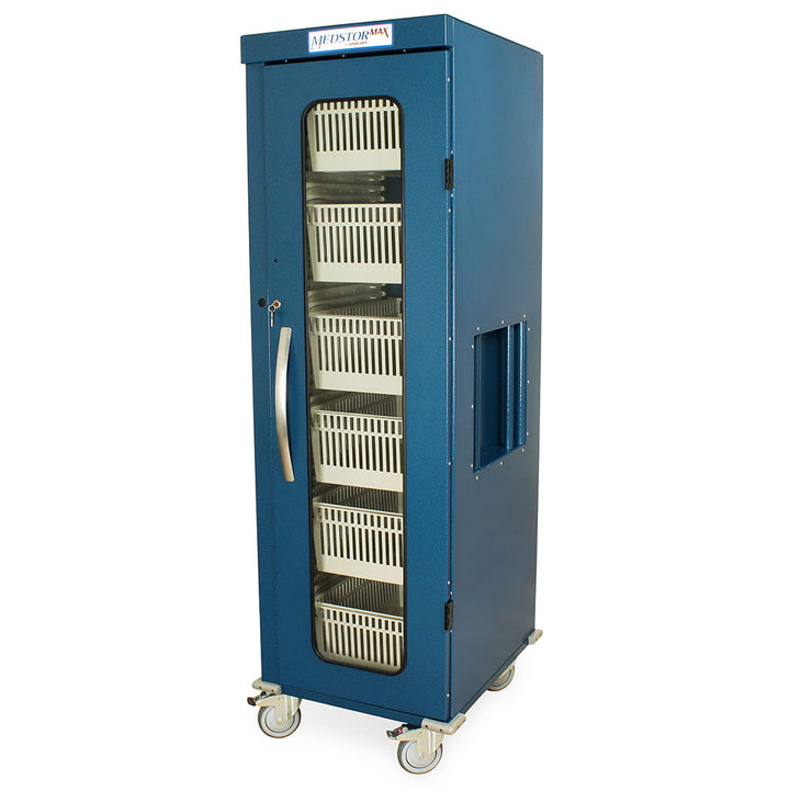 Navy single column vascular storage cart open with trays and baskets