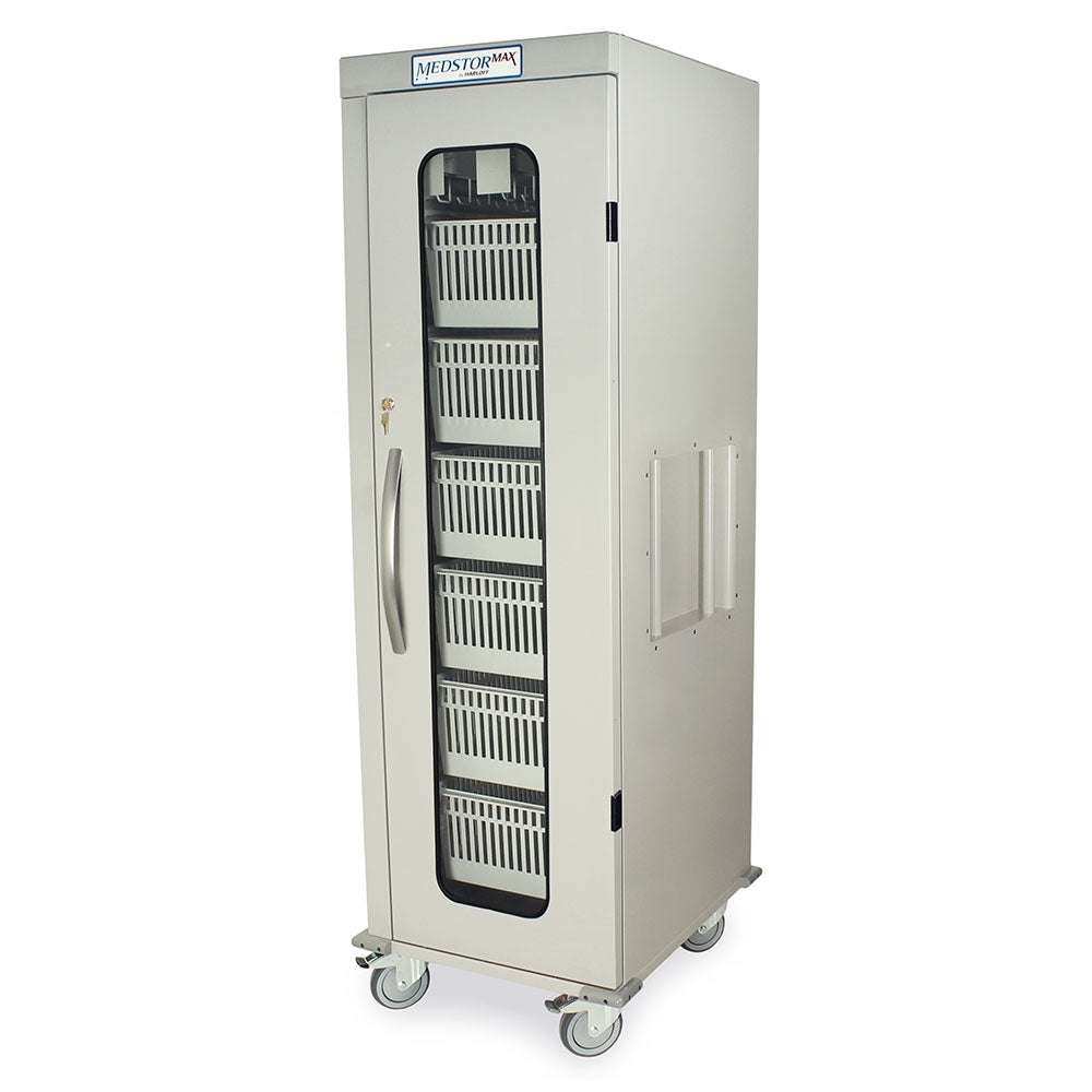 Gray single column medical storage cabinet with glass door closed