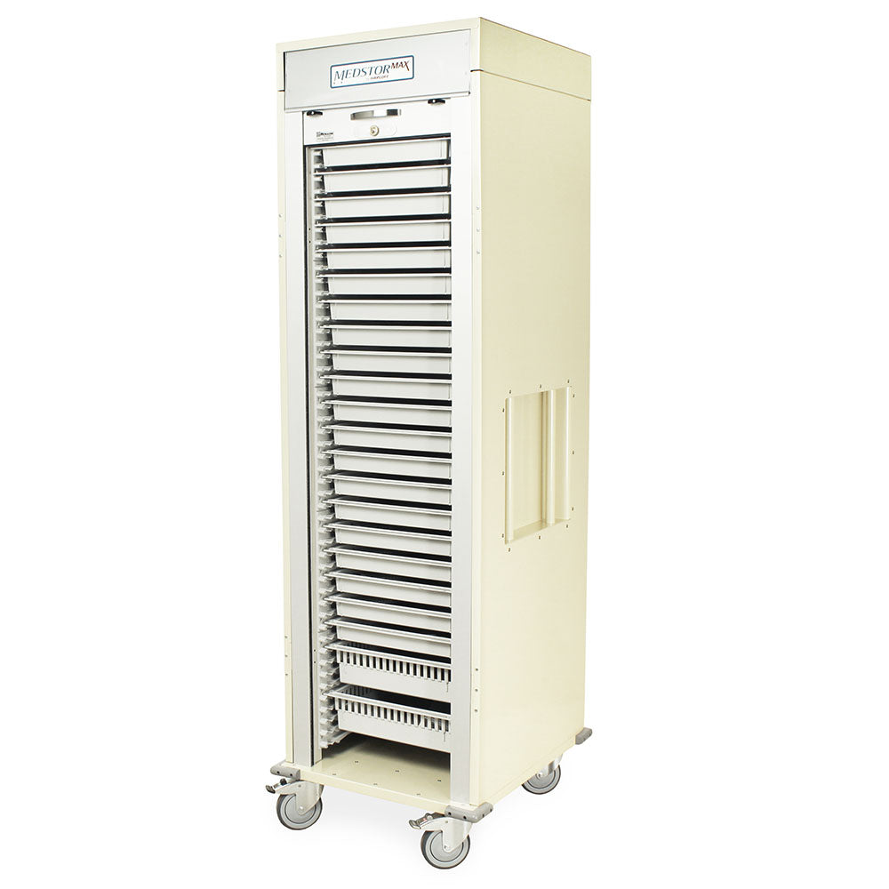 Beige Harloff medical supply cabinet with 5" casters and recessed handles