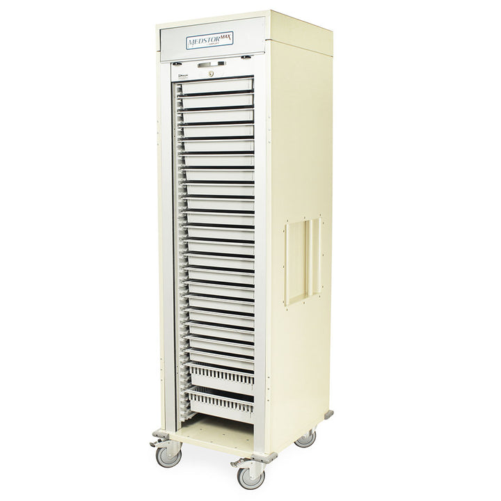 Beige Harloff medical supply cabinet with 5" casters and recessed handles
