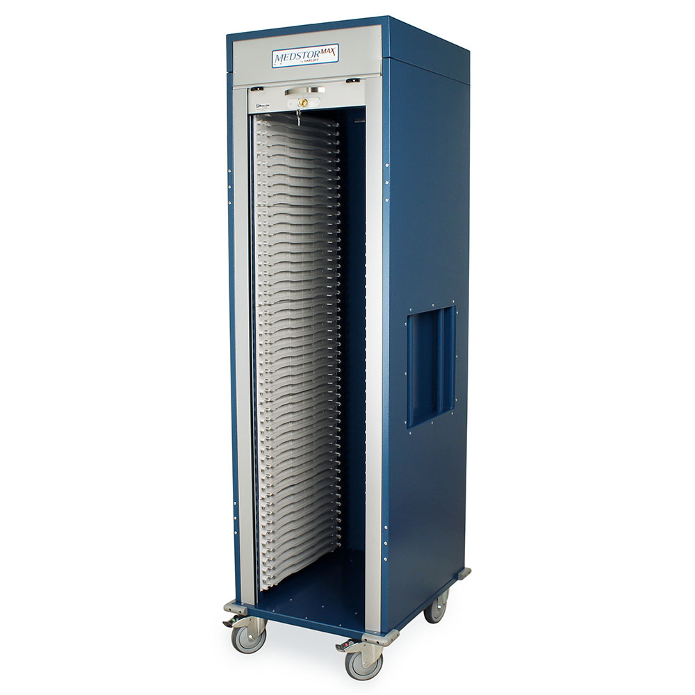 Single column medical storage cart with tambour door and key lock