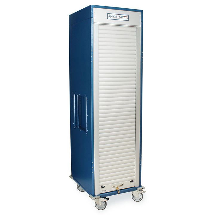 Blue medical storage cart with modular tray system and quiet-rolling wheels