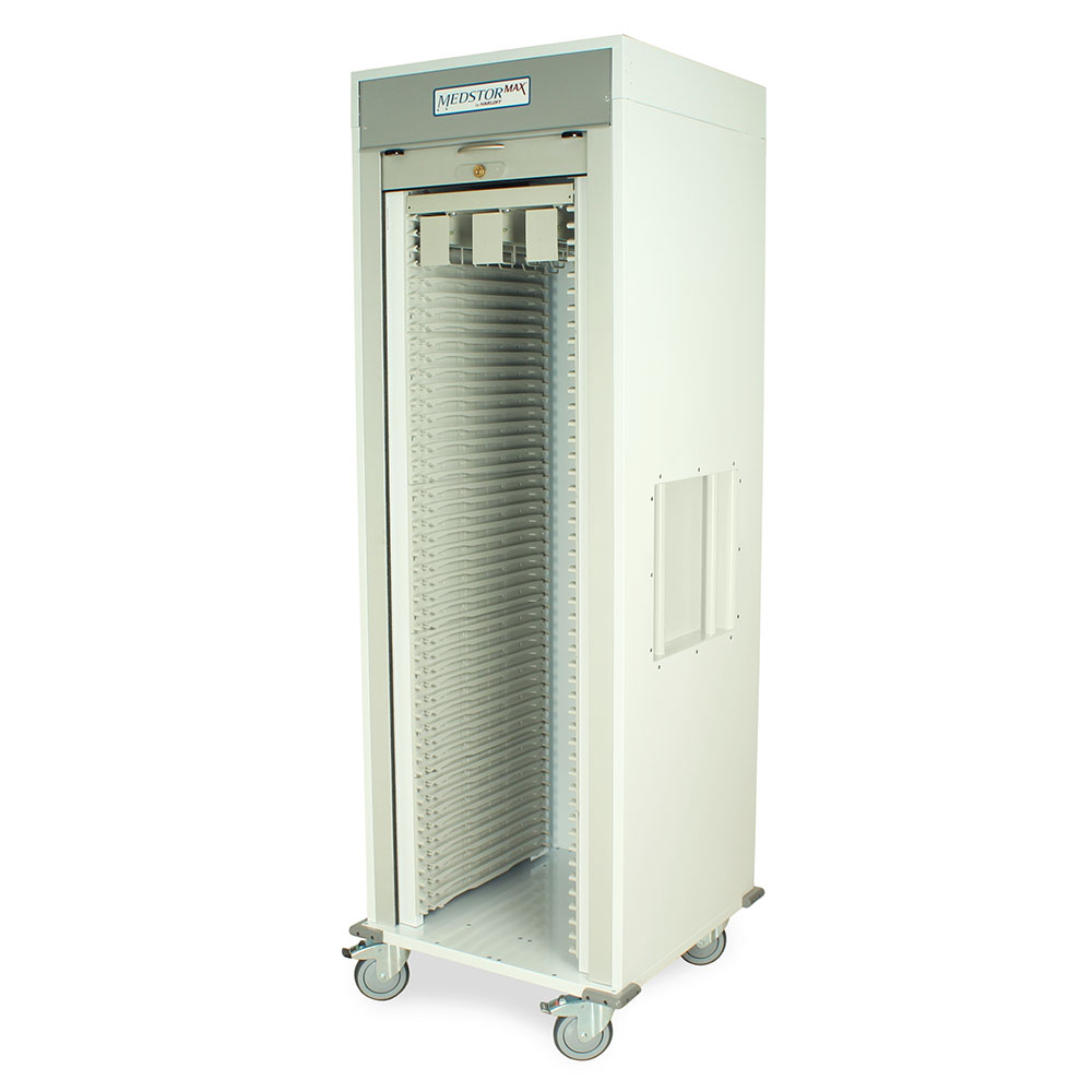 Open view of catheter supply cart with customizable shelving system
