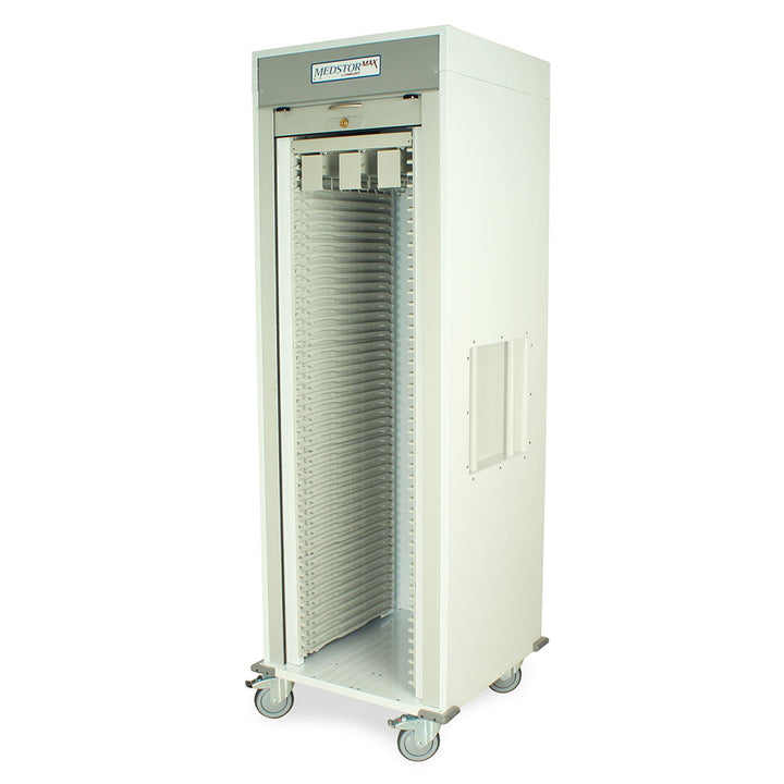 Open view of catheter supply cart with customizable shelving system