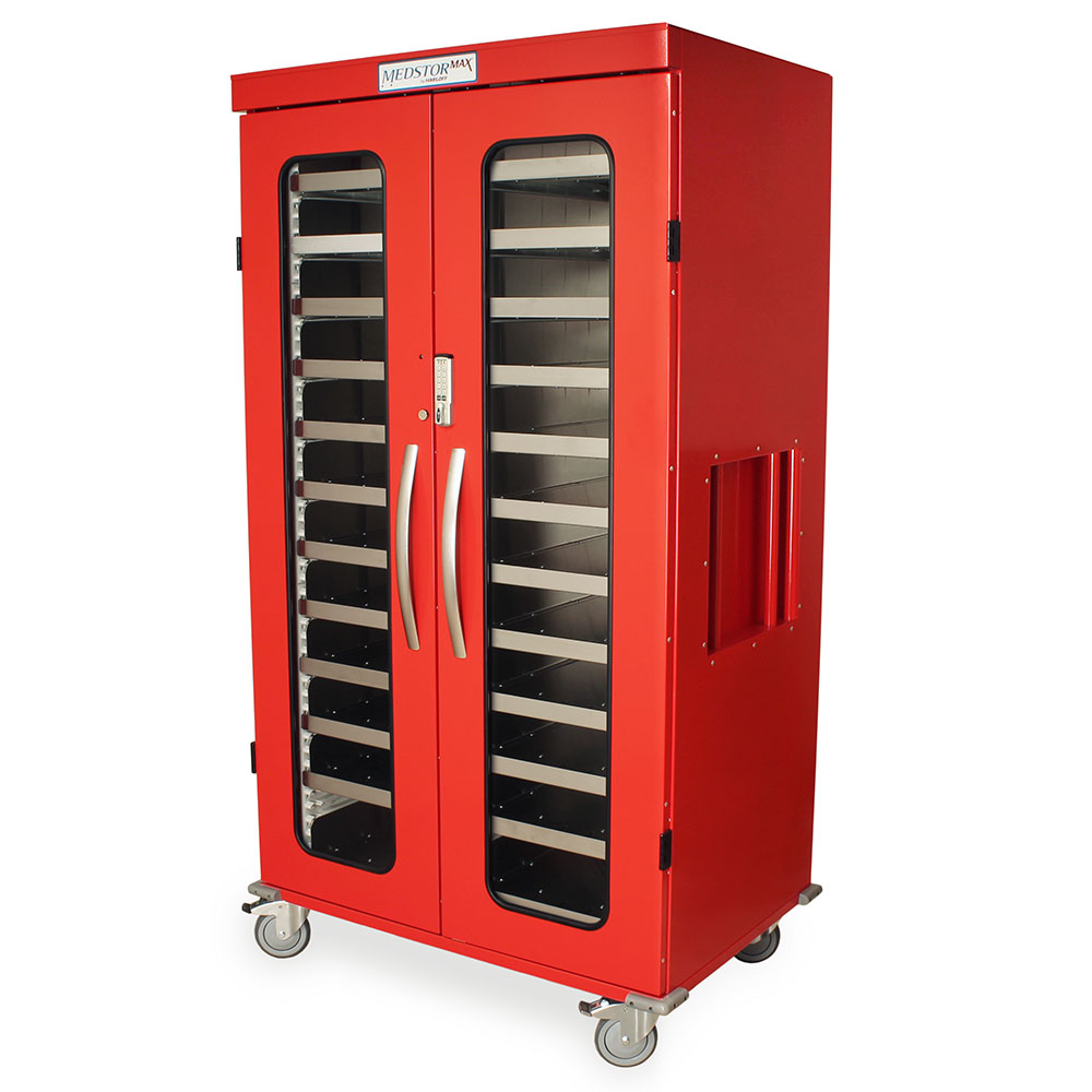 Double column mobile medical cabinet with glass doors and red frame