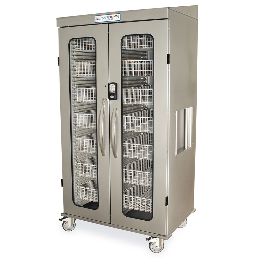 Angled view of stainless steel MedStor Max cabinet featuring slope top