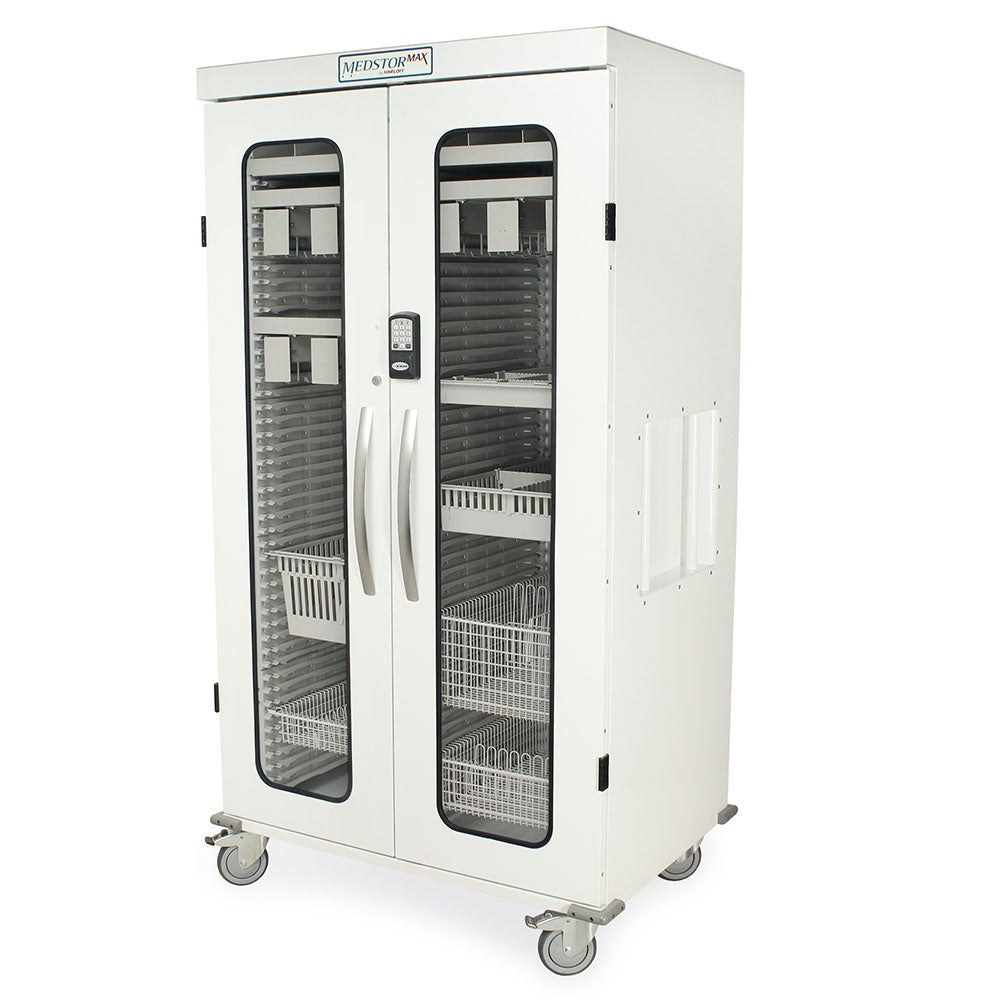 Double column Harloff medical cabinet with keypad lock and caster wheels