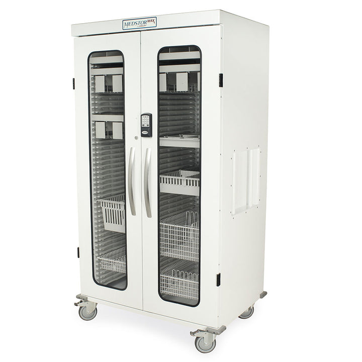 Double column Harloff medical cabinet with keypad lock and caster wheels