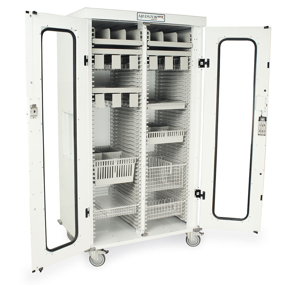Side view of mobile medical cabinet with electronic keypad and 5” casters