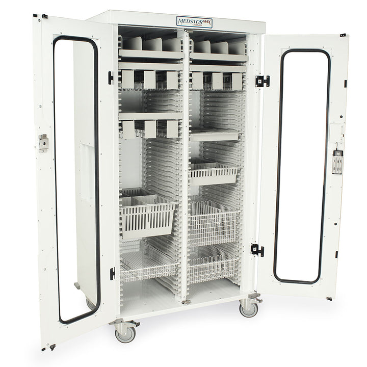 Side view of mobile medical cabinet with electronic keypad and 5” casters