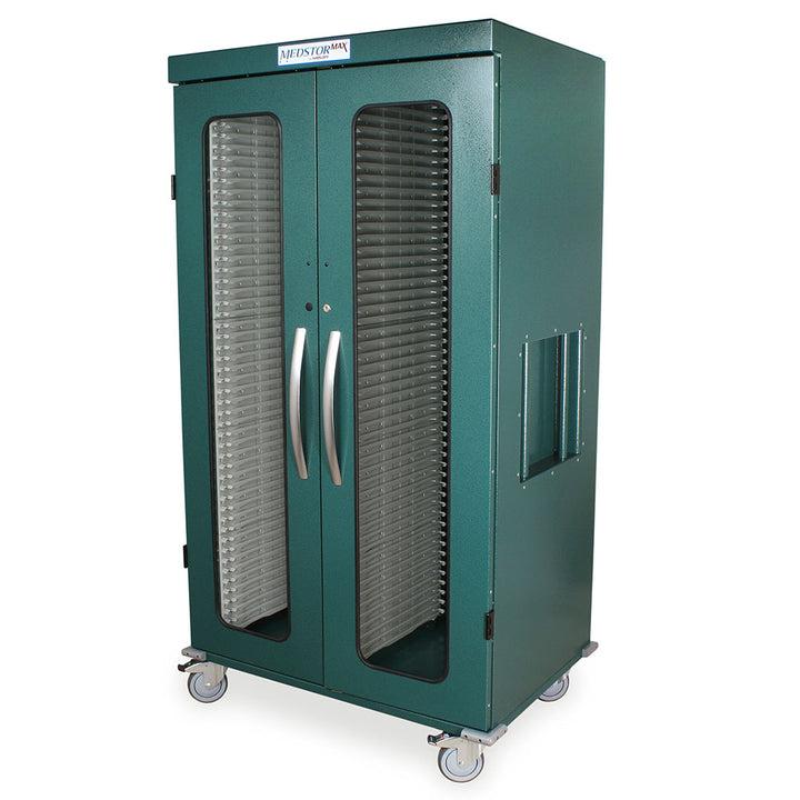 Green medical-grade storage cabinet with glass doors and secure locking system