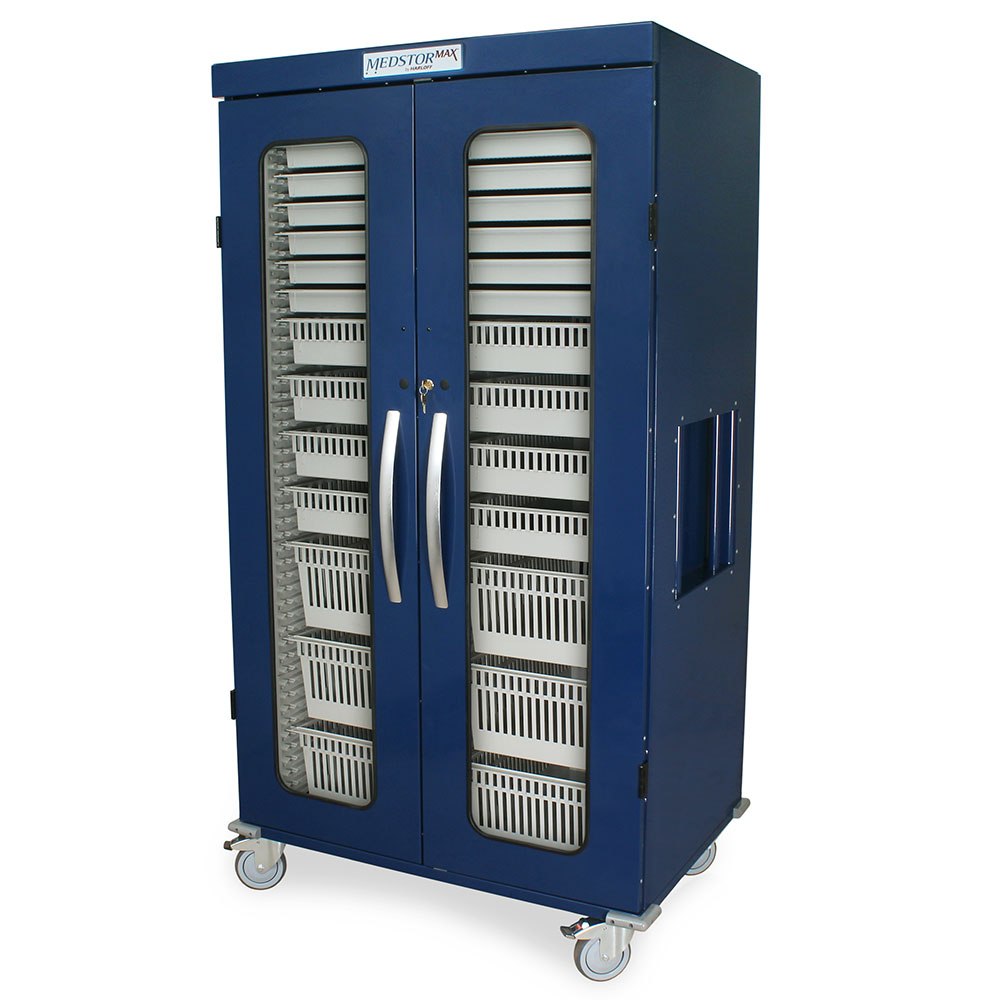 Navy blue arthroscopy storage cabinet with tempered glass doors