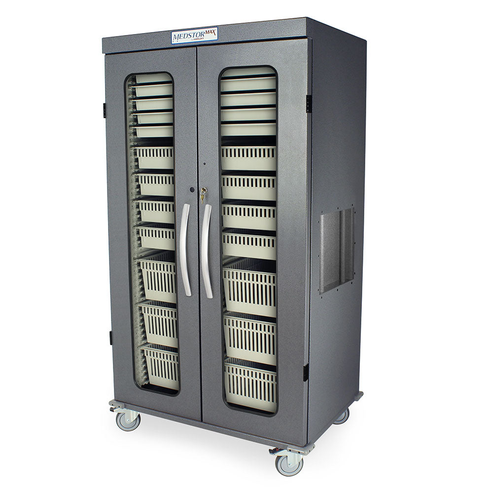 Double column medical storage cabinet with glass doors and key lock – closed view