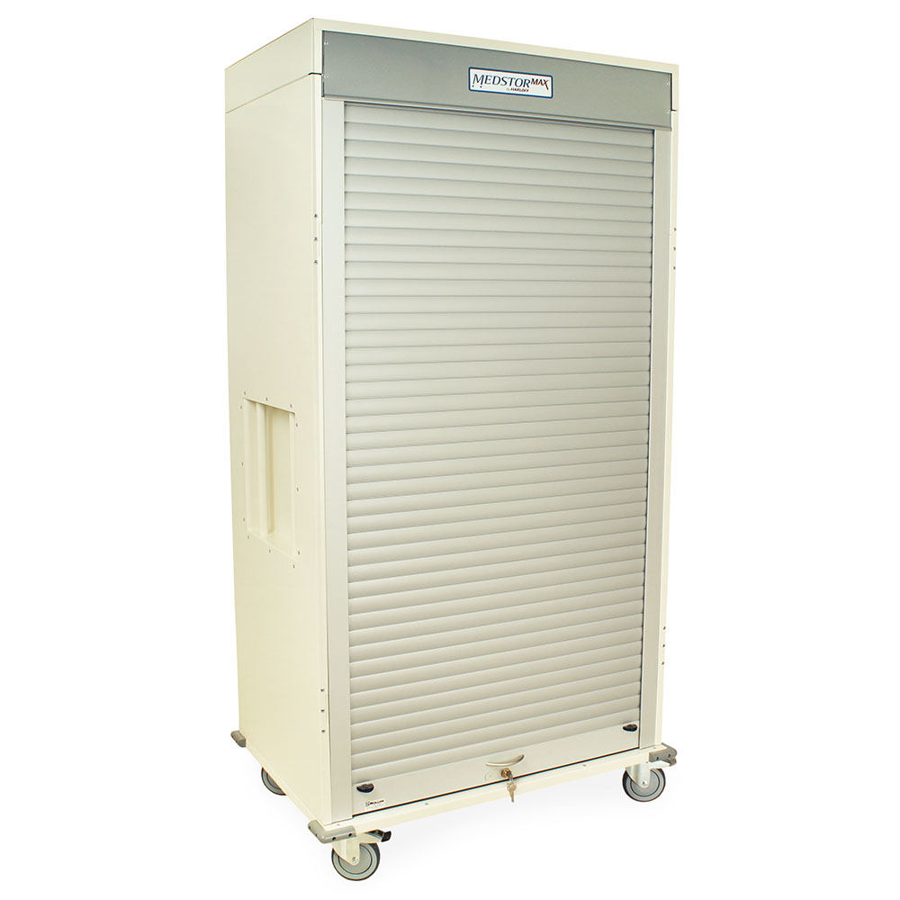 Double column medical storage cart with tambour door and key lock in cream finish