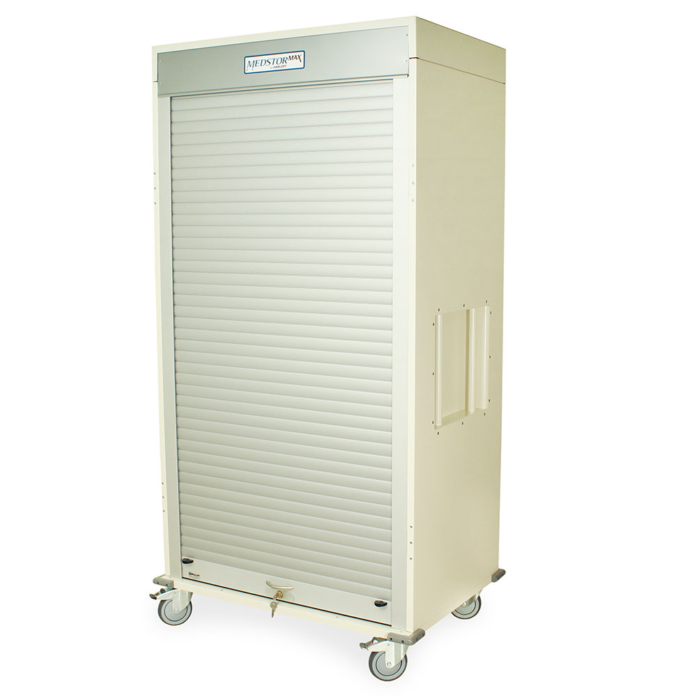 Double wide medical storage cabinet with tambour door and key lock, shown closed