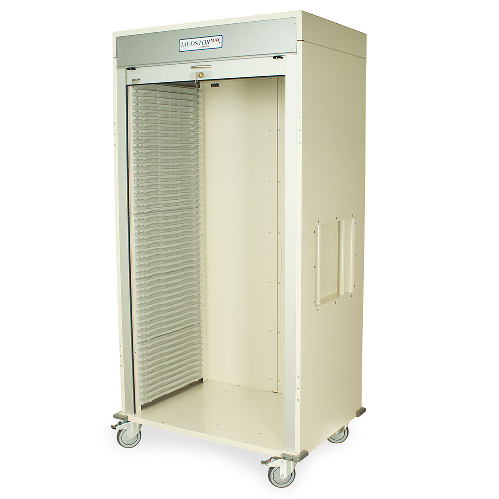 Double column medical cabinet with glass doors open, showing modular trays and shelves